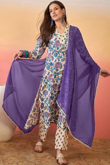 Womens Off White Cotton kurta Pant with dupatta Set