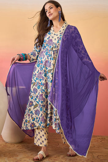 Womens Off White Cotton kurta Pant with dupatta Set