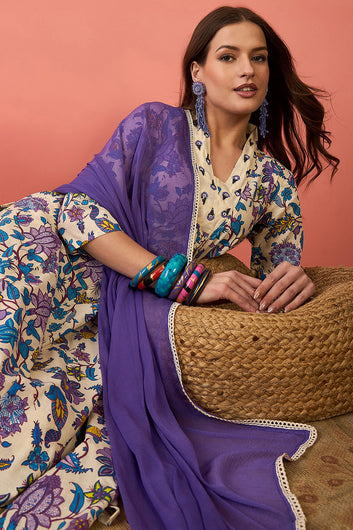 Womens Off White Cotton kurta Pant with dupatta Set