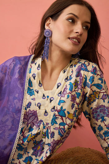 Womens Off White Cotton kurta Pant with dupatta Set