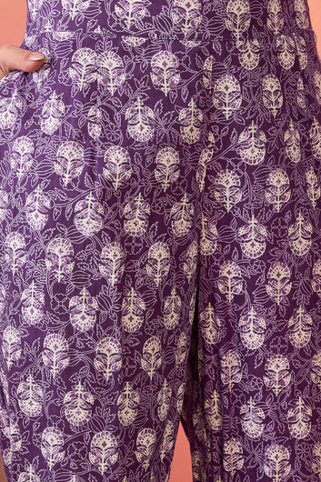 Womens Purple Cotton Printed Kurta Pant With Dupatta Set