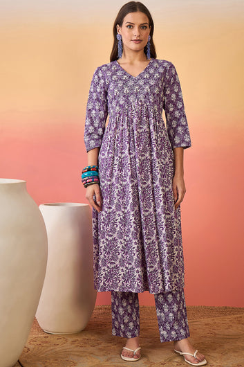 Womens Purple Cotton Printed Kurta Pant With Dupatta Set