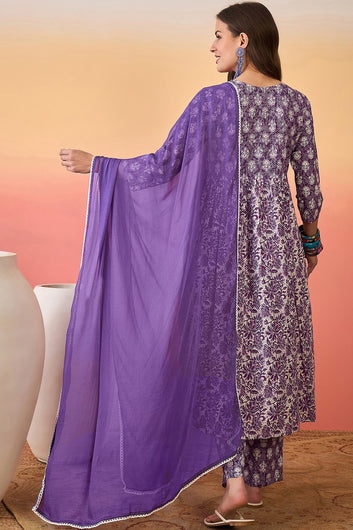 Womens Purple Cotton Printed Kurta Pant With Dupatta Set