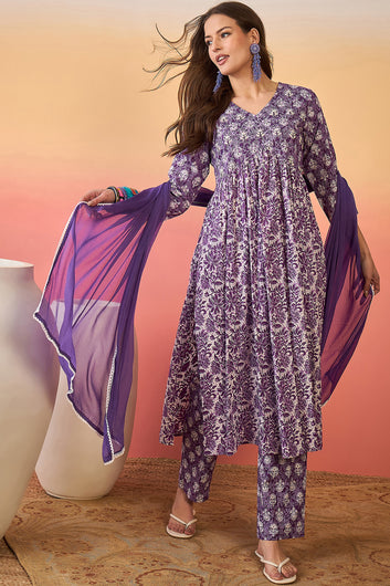Womens Purple Cotton Printed Kurta Pant With Dupatta Set