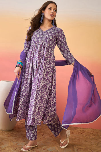 Womens Purple Cotton Printed Kurta Pant With Dupatta Set