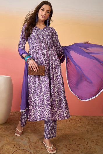 Womens Purple Cotton Printed Kurta Pant With Dupatta Set