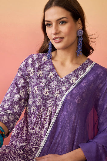 Womens Purple Cotton Printed Kurta Pant With Dupatta Set