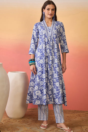 Womens Sky Blue Cotton Printed Kurta Pant With Dupatta Set