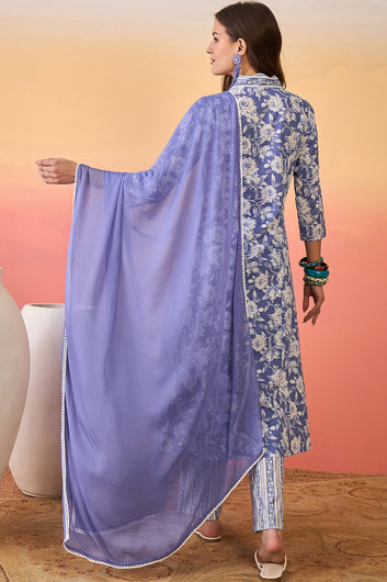 Womens Sky Blue Cotton Printed Kurta Pant With Dupatta Set