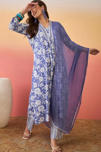 Womens Sky Blue Cotton Printed Kurta Pant With Dupatta Set