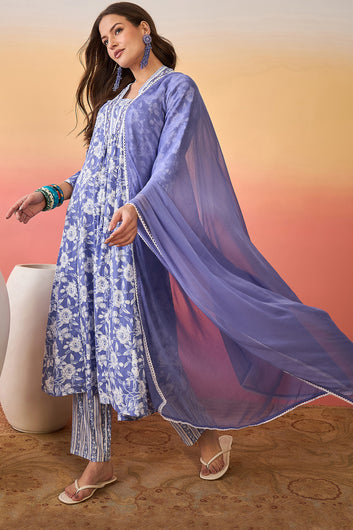 Womens Sky Blue Cotton Printed Kurta Pant With Dupatta Set