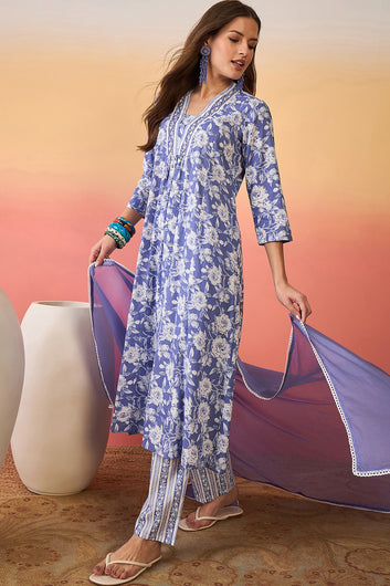 Womens Sky Blue Cotton Printed Kurta Pant With Dupatta Set
