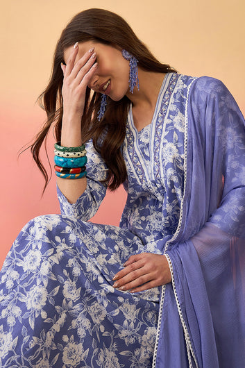 Womens Sky Blue Cotton Printed Kurta Pant With Dupatta Set