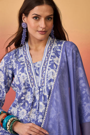 Womens Sky Blue Cotton Printed Kurta Pant With Dupatta Set