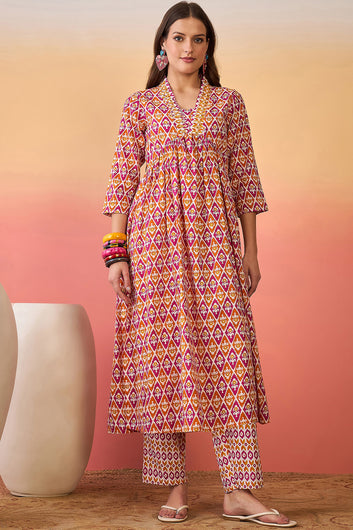 Womens MultiColor Cotton Printed Kurta Pant With Dupatta Set