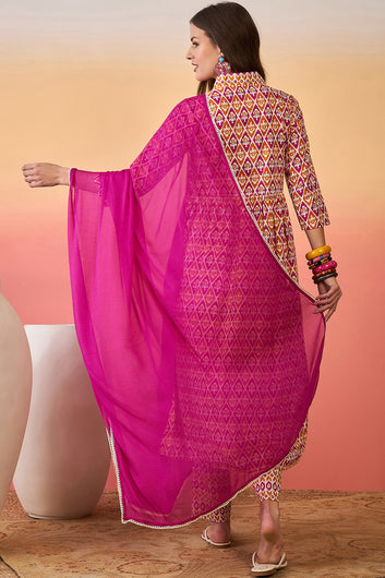 Womens MultiColor Cotton Printed Kurta Pant With Dupatta Set