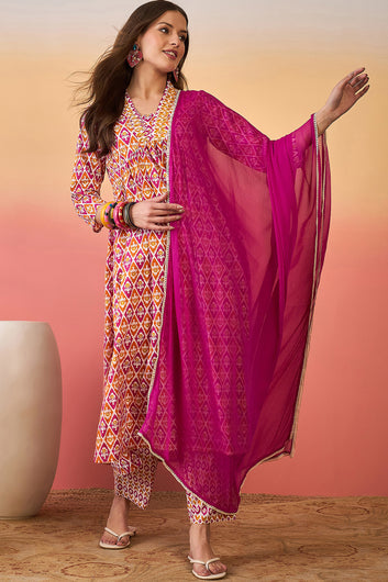 Womens MultiColor Cotton Printed Kurta Pant With Dupatta Set