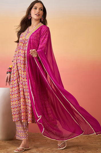 Womens MultiColor Cotton Printed Kurta Pant With Dupatta Set