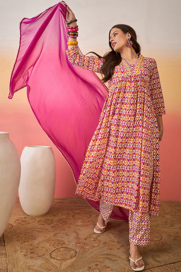 Womens MultiColor Cotton Printed Kurta Pant With Dupatta Set