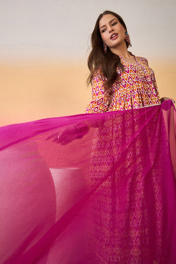 Womens MultiColor Cotton Printed Kurta Pant With Dupatta Set