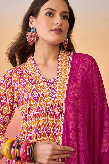 Womens MultiColor Cotton Printed Kurta Pant With Dupatta Set