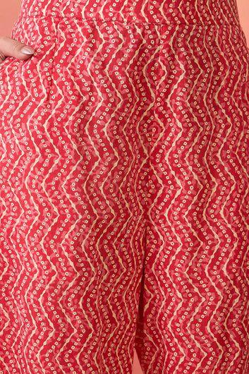 Women’s Red Cotton Printed Kurta Pant With Dupatta Set