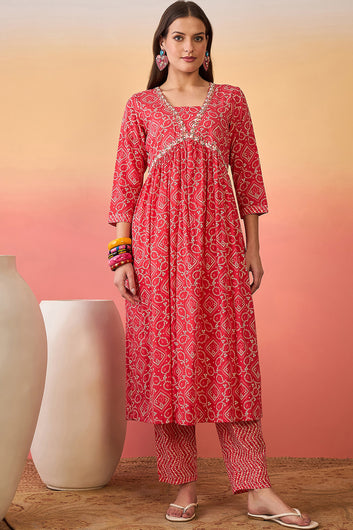 Women’s Red Cotton Printed Kurta Pant With Dupatta Set