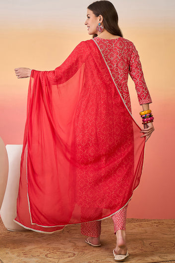 Women’s Red Cotton Printed Kurta Pant With Dupatta Set