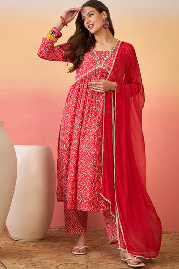 Women’s Red Cotton Printed Kurta Pant With Dupatta Set