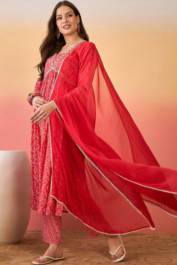 Women’s Red Cotton Printed Kurta Pant With Dupatta Set