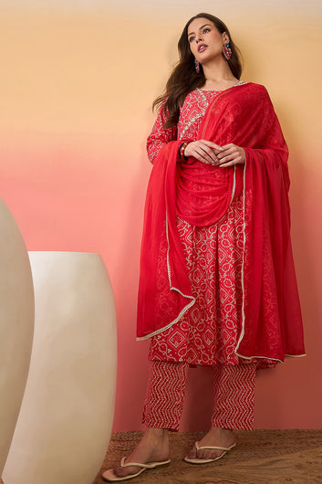 Women’s Red Cotton Printed Kurta Pant With Dupatta Set