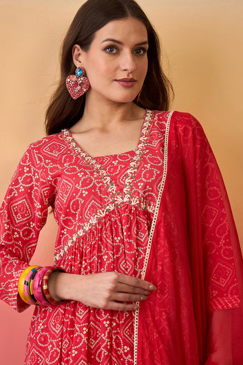 Women’s Red Cotton Printed Kurta Pant With Dupatta Set