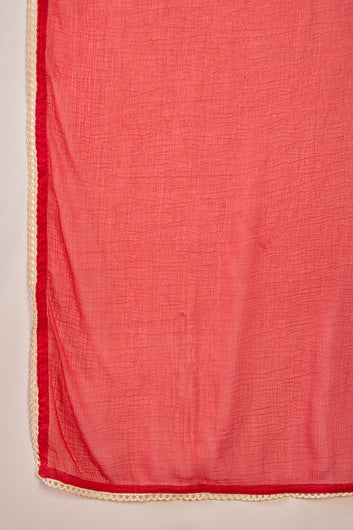 Women’s Red Cotton Printed Kurta Pant With Dupatta Set