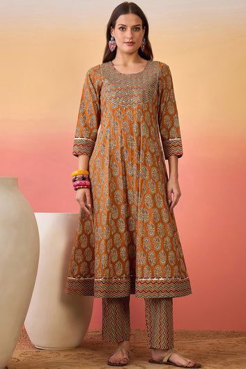 Womens Mustard Cotton kurta Pant with dupatta Set