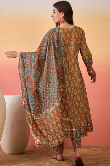 Womens Mustard Cotton kurta Pant with dupatta Set