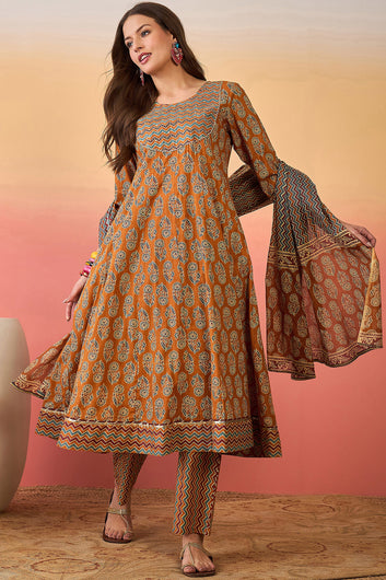 Womens Mustard Cotton kurta Pant with dupatta Set