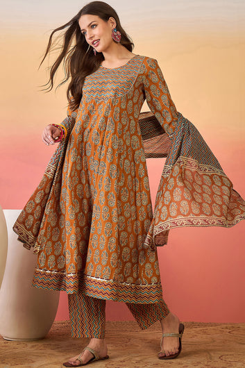 Womens Mustard Cotton kurta Pant with dupatta Set