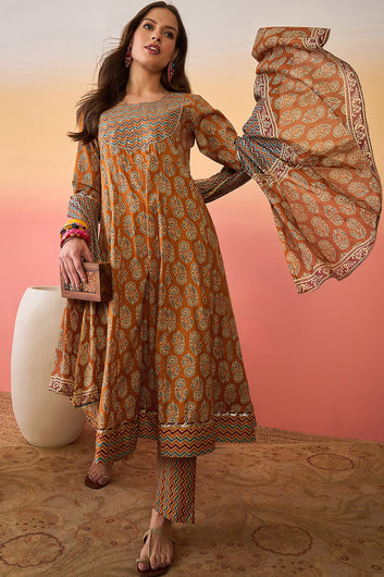 Womens Mustard Cotton kurta Pant with dupatta Set