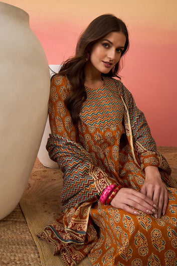 Womens Mustard Cotton kurta Pant with dupatta Set