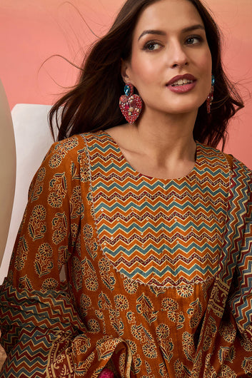 Womens Mustard Cotton kurta Pant with dupatta Set