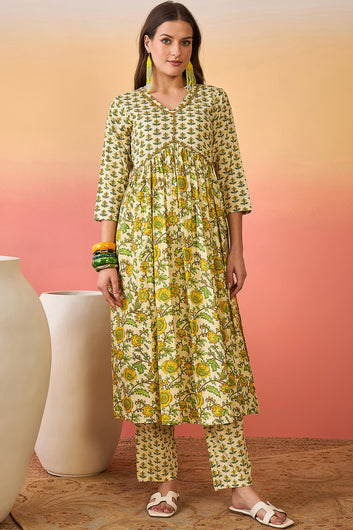 Women’s Off White Cotton Printed Kurta Pant With Dupatta Set