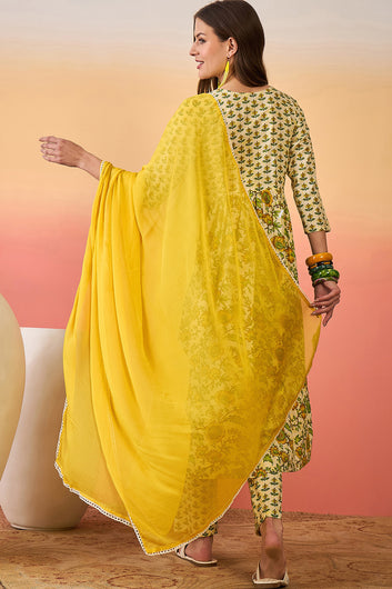 Women’s Off White Cotton Printed Kurta Pant With Dupatta Set