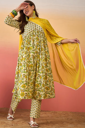 Women’s Off White Cotton Printed Kurta Pant With Dupatta Set