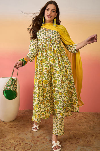 Women’s Off White Cotton Printed Kurta Pant With Dupatta Set