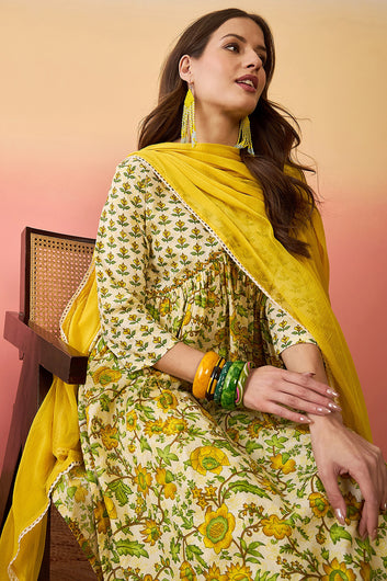 Women’s Off White Cotton Printed Kurta Pant With Dupatta Set