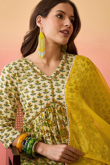 Women’s Off White Cotton Printed Kurta Pant With Dupatta Set