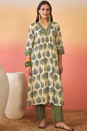 Womens Off White Cotton Printed Kurta Pant With Dupatta Set