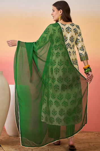 Womens Off White Cotton Printed Kurta Pant With Dupatta Set