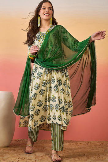 Womens Off White Cotton Printed Kurta Pant With Dupatta Set