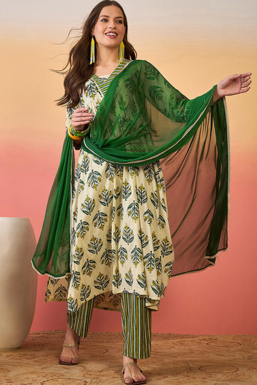 Womens Off White Cotton Printed Kurta Pant With Dupatta Set